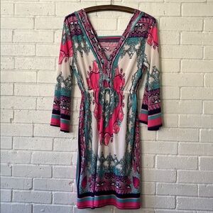 White Mark Couture Collection Multicolor Print V-Neck Dress Sz. 1 XL Bell Sleeve